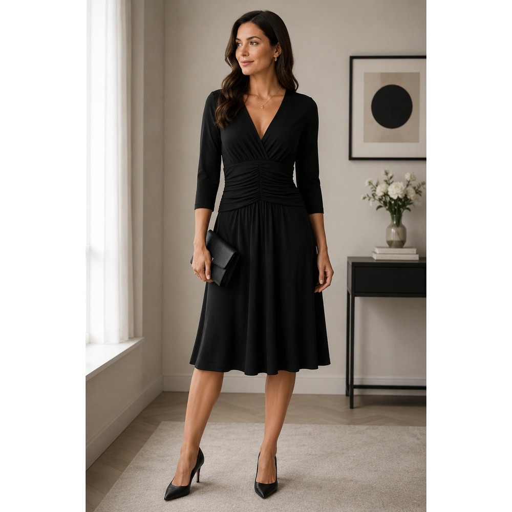 Classic Black Midi Dress Faux Wrap Ruched Waist 3/4 Sleeve Elegant Women's